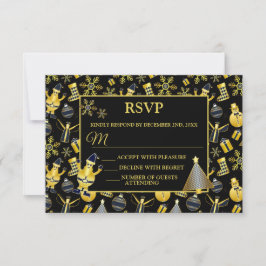 Tarjeta De Confirmación De Asistencia Navidades Patrón de regalo de oro Santa Snowman