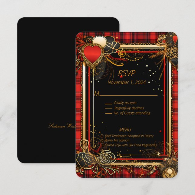 Tarjeta De Confirmación De Asistencia Navidades Red Black y Gold Boda (Anverso / Reverso)