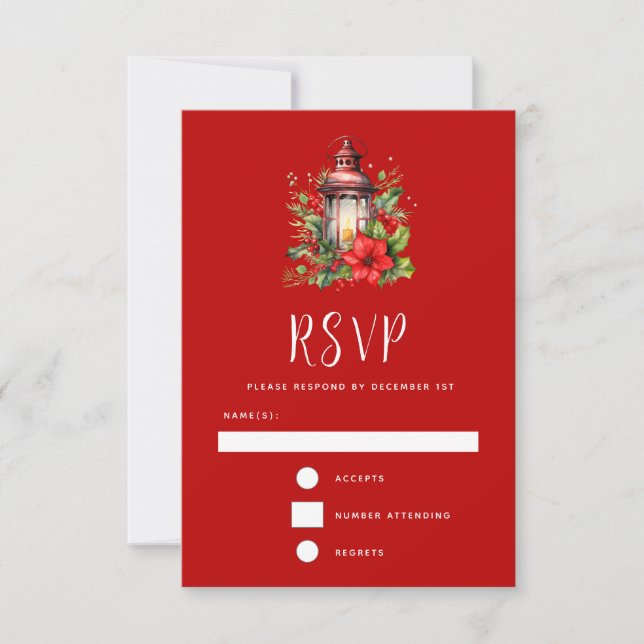 Tarjeta De Confirmación De Asistencia Navidades rojos Lantern Poinsettia y Pine (Anverso)