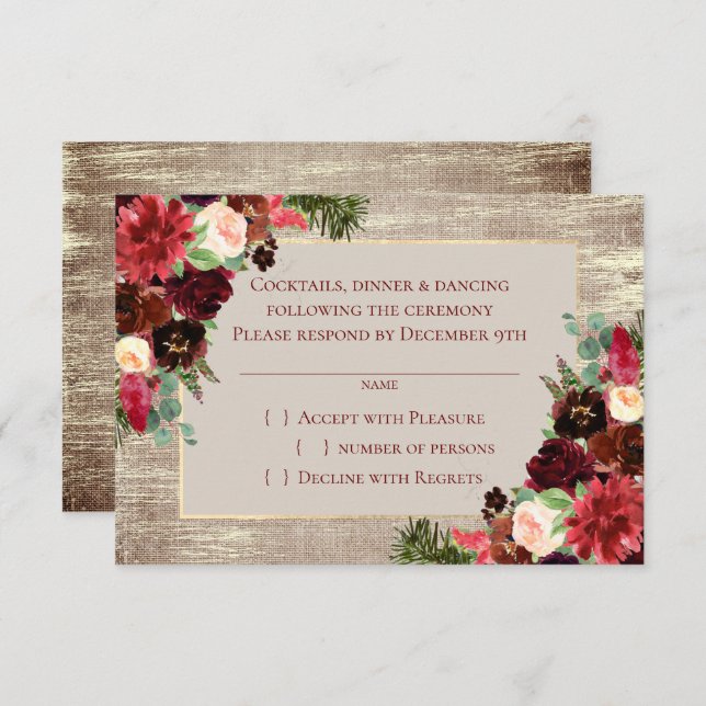 Tarjeta De Confirmación De Asistencia Navidades Rústico Boho Floral Burgundy Gold Burlap (Anverso / Reverso)