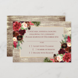 Tarjeta De Confirmación De Asistencia Navidades Rústico Boho Floral Burgundy Gold Burlap