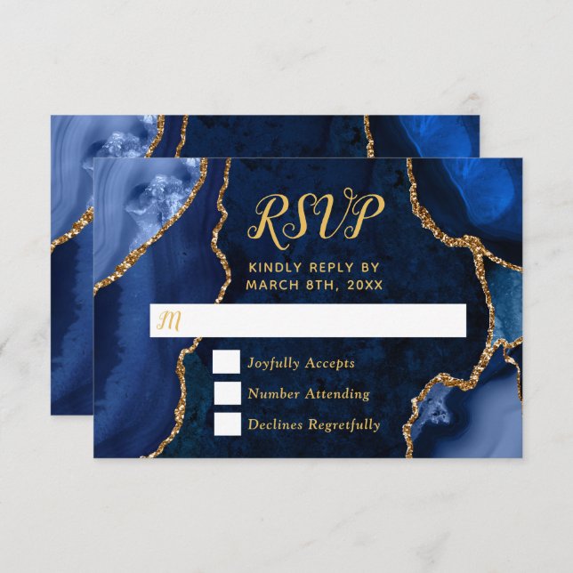 Tarjeta De Confirmación De Asistencia Navy Blue and Gold Agate Marble (Anverso / Reverso)