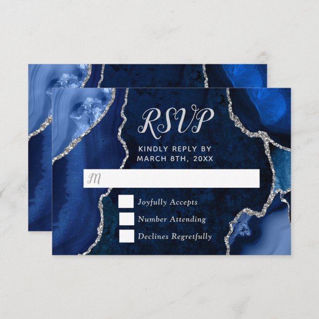 Tarjeta De Confirmación De Asistencia Navy Blue and Silver Agate Marble (Anverso / Reverso)