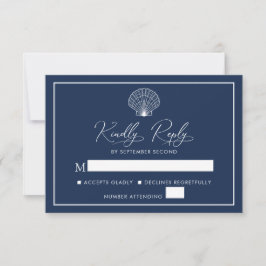 Tarjeta De Confirmación De Asistencia Navy Blue Beach Seashell Elegant Wedding