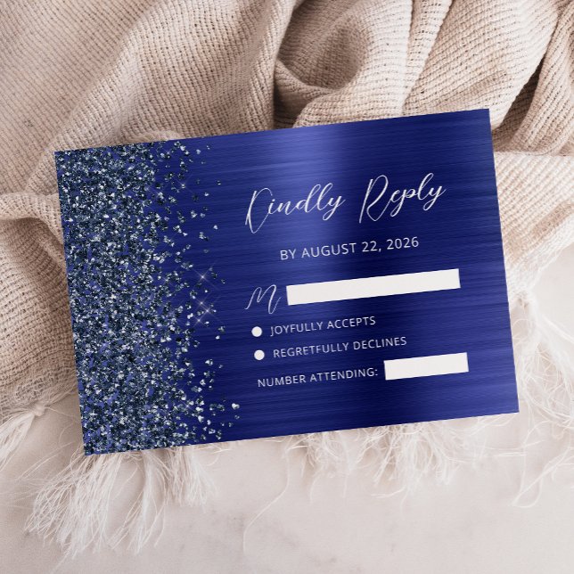 Tarjeta De Confirmación De Asistencia Navy Blue Brushed Metal Glitter Script Wedding (Subido por el creador)