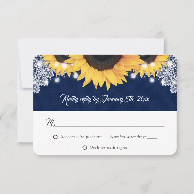 Tarjeta De Confirmación De Asistencia Navy Blue Burlap String Lights Sunflower Wedding (Anverso)