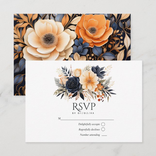 Tarjeta De Confirmación De Asistencia Navy Blue, Burnt Orange & Champagne Floral Wedding (Anverso / Reverso)