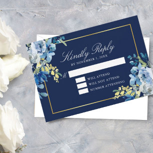 Tarjeta De Confirmación De Asistencia Navy Blue Gold Floral Elegante Noche de Amabilidad