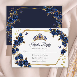 Tarjeta De Confirmación De Asistencia Navy Blue Golden Roses Tiara Quinceañera
