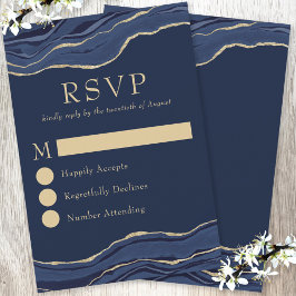 Tarjeta De Confirmación De Asistencia Navy Blue Marble Agate Gold Glitter Wedding