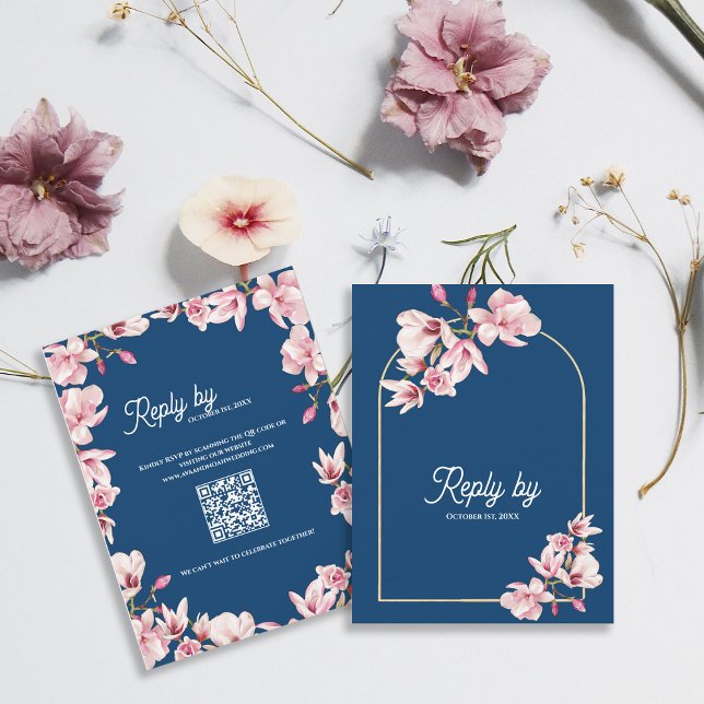 Tarjeta De Confirmación De Asistencia Navy Blue Pink Magnolia Floral Wedding Reply By (Navy Blue Pink Magnolia Floral Wedding Reply By RSVP Card)