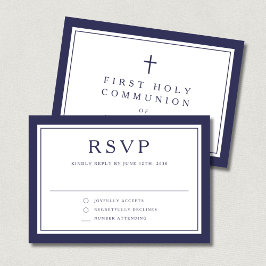 Tarjeta De Confirmación De Asistencia Navy Blue Religious Cross Boy First Communion 