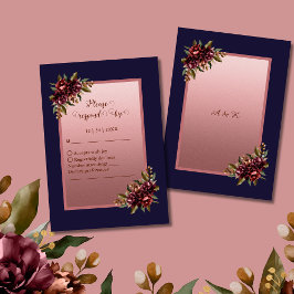 Tarjeta De Confirmación De Asistencia Navy Blue Rose Gold Script Burgundy floral wedding