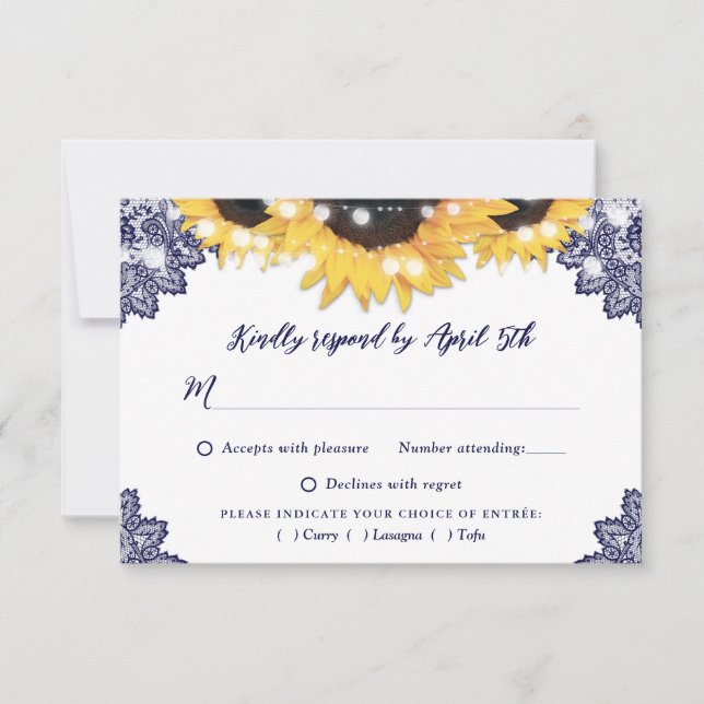 Tarjeta De Confirmación De Asistencia Navy Blue Rustic Lace Sunflower Wedding (Anverso)