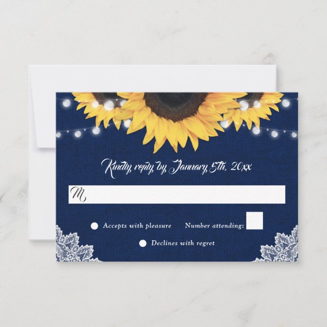 Tarjeta De Confirmación De Asistencia Navy Blue Sunflower Burlap String Lights Wedding (Anverso)