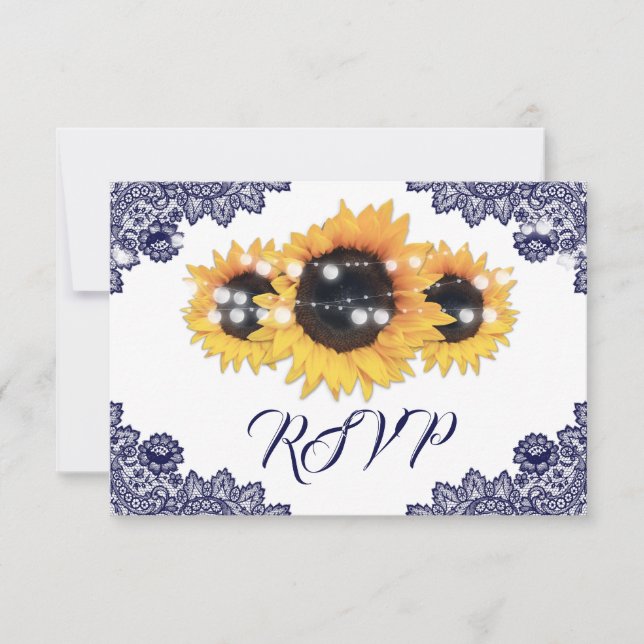 Tarjeta De Confirmación De Asistencia Navy Blue Sunflower Floral Lace Wedding (Anverso)