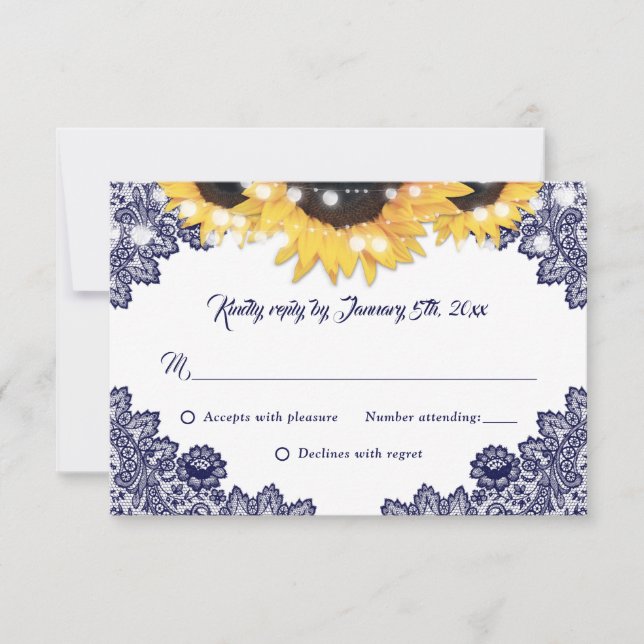 Tarjeta De Confirmación De Asistencia Navy Blue Sunflower Lace Burlap Hearts Wedding (Anverso)