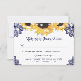 Tarjeta De Confirmación De Asistencia Navy Blue Sunflower Lace Wedding Meal Choice