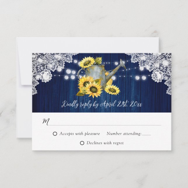 Tarjeta De Confirmación De Asistencia Navy Blue Sunflower Waters Can Wood Boda (Anverso)