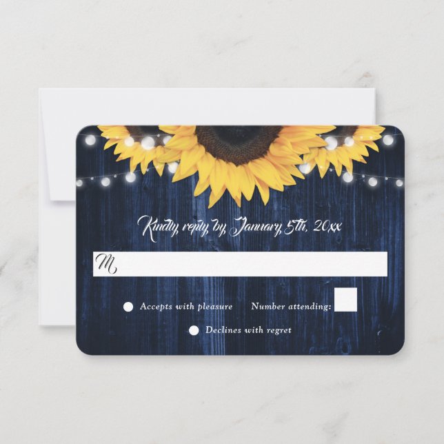 Tarjeta De Confirmación De Asistencia Navy Blue Sunflower Wood String Lights Wedding (Anverso)