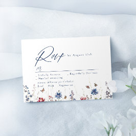 Tarjeta De Confirmación De Asistencia Navy Blue Watercolor Wildflower Rustic Wedding