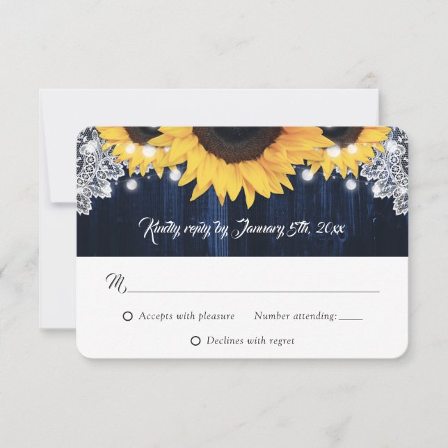 Tarjeta De Confirmación De Asistencia Navy Blue Wood String Lights Sunflower Wedding (Anverso)