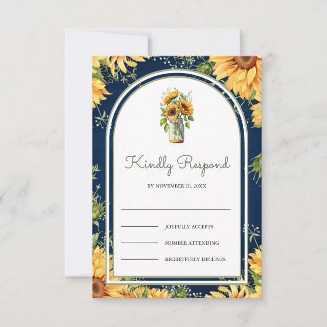 Tarjeta De Confirmación De Asistencia Navy Blue Wood Sunflowers Mason Jar Arch Wedding (Anverso)