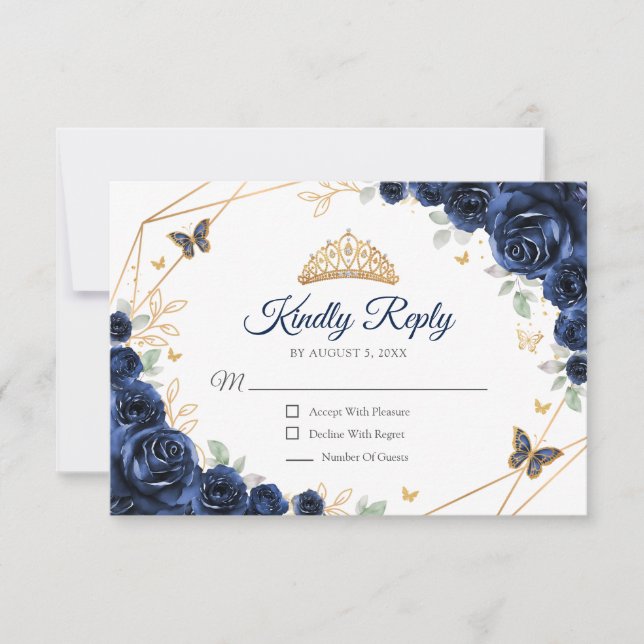 Tarjeta De Confirmación De Asistencia Navy Gold Floral Quinceanera Reply (Anverso)