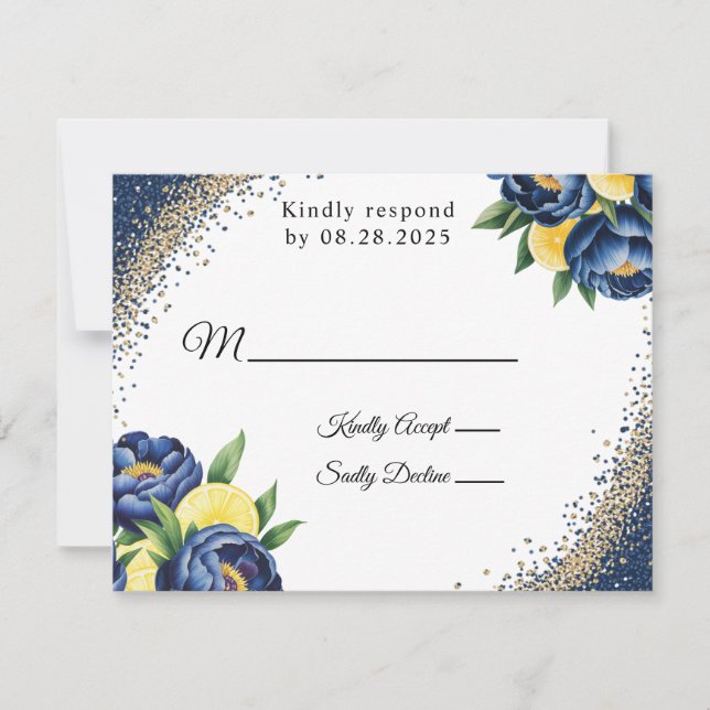 Tarjeta De Confirmación De Asistencia Navy Peony Citrus Pintado Boda Floral (Anverso)