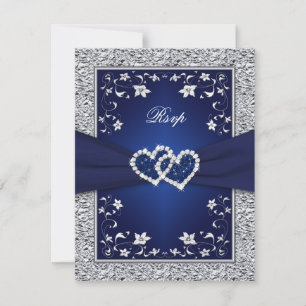 Tarjeta De Confirmación De Asistencia Navy Silver Floral Corazones FAUX Relieve metaliza