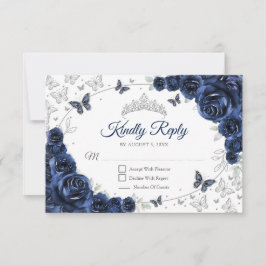 Tarjeta De Confirmación De Asistencia Navy Silver Floral Quinceanera Reply