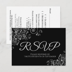 Tarjeta De Confirmación De Asistencia Negro clásico con elegante Boda de colores platead