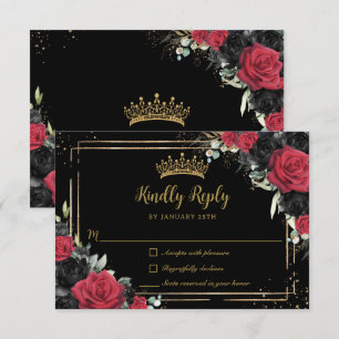 Tarjeta De Confirmación De Asistencia Negro Roses Rojas Floral Oro Quinceañera Dulce 16