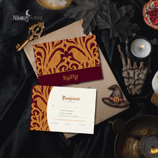 Tarjeta De Confirmación De Asistencia Nevermore Damask | Burgundy Gothic Halloween 