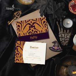 Tarjeta De Confirmación De Asistencia Nevermore Damask | Dark Plum gótico de Halloween  