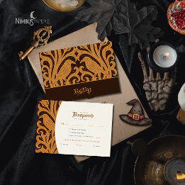 Tarjeta De Confirmación De Asistencia Nevermore Damask | Halloween gótico marrón oscuro