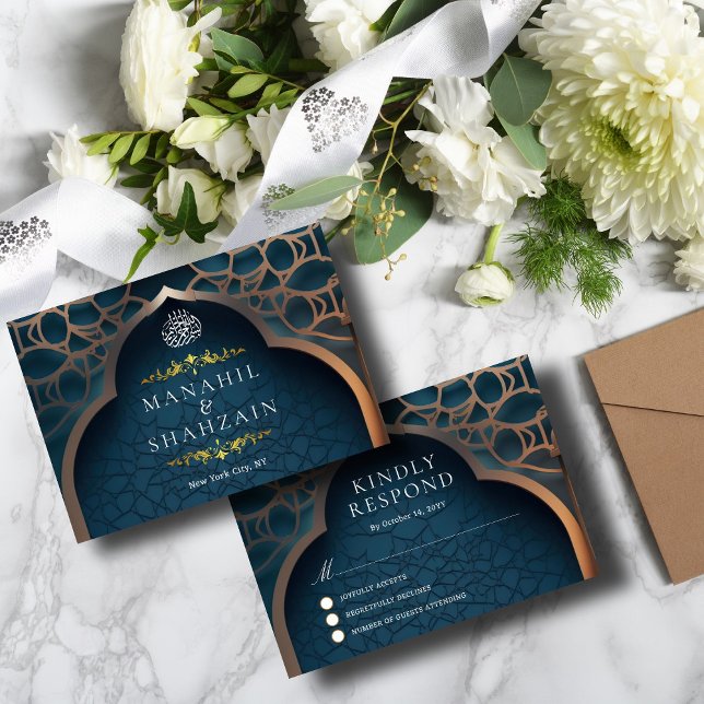 Tarjeta De Confirmación De Asistencia Nile Blue Islamic 3D Arch Elegante Boda Musulmana (Subido por el creador)