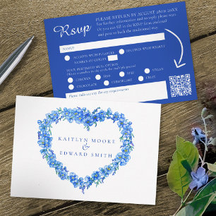 Tarjeta De Confirmación De Asistencia No me olvides flores azul acuarela boda QR