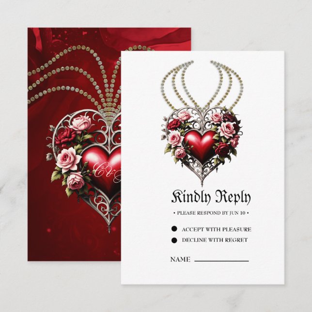 Tarjeta De Confirmación De Asistencia Noble corazón gótico con flores. (Anverso / Reverso)