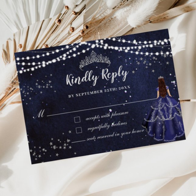 Tarjeta De Confirmación De Asistencia Noche estrellada Naval Azul Vestido Plata Quinceañ (Subido por el creador)