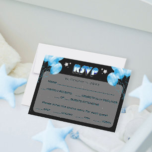 Tarjeta De Confirmación De Asistencia Noche moderna Estrellas Baby Shower Globos azules 