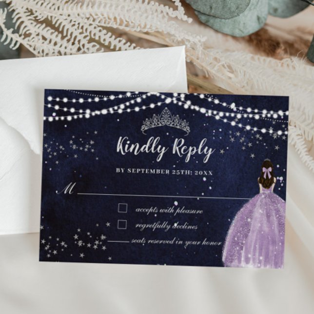Tarjeta De Confirmación De Asistencia Noche Starry Morple Lilac Vestido Plata Quinceañer (starry night quinceanera purple lilac dress girl silver fairy lights rsvp response reply cards)
