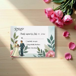 Tarjeta De Confirmación De Asistencia Novia Romántica Y Novio Acuarela Floral Boda