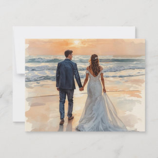 Tarjeta De Confirmación De Asistencia Novia y Novio Acuarela de Playa Boda Pintada