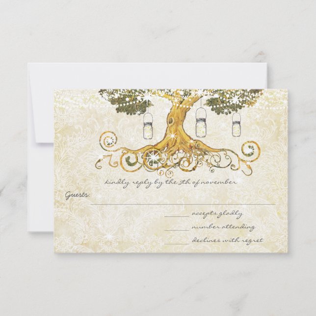Tarjeta De Confirmación De Asistencia Oak Tree Distresor Damask Elegancia Metálica (Anverso)