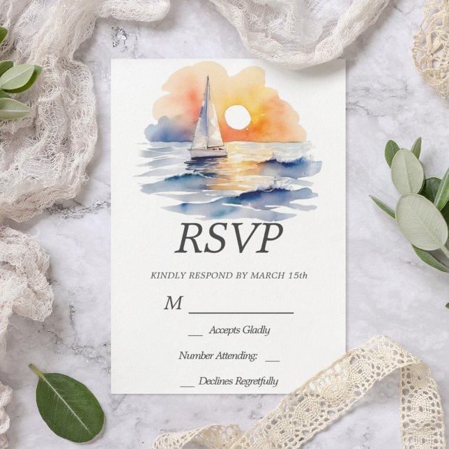 Tarjeta De Confirmación De Asistencia Océano veraniego Náutico de Sunset (Sailing Sunset Coastal RSVP Wedding Card)