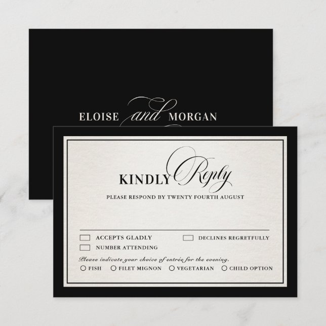 Tarjeta De Confirmación De Asistencia Old Money Modern Formal Black Luxury Meal Choice (Anverso / Reverso)