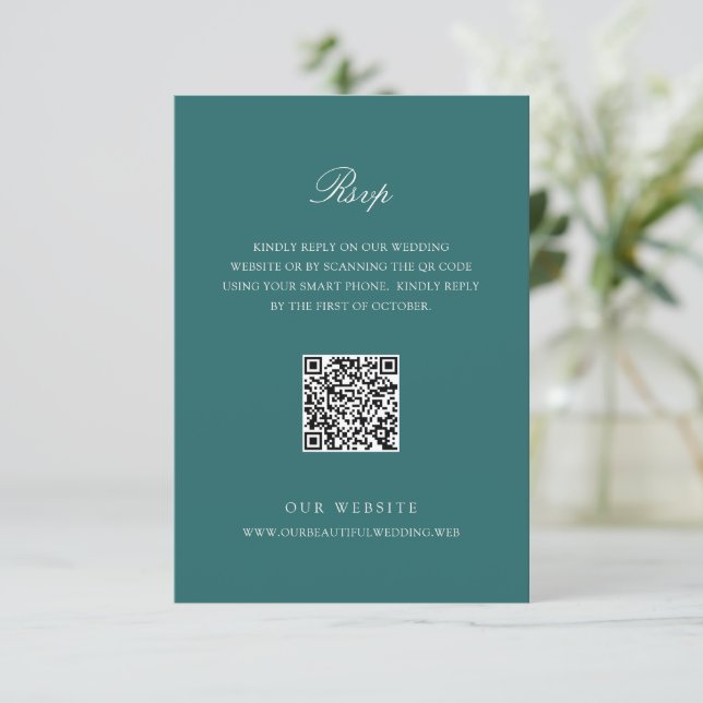 Tarjeta De Confirmación De Asistencia Old Money Teal Classic QR Code Wedding (Anverso de pie)
