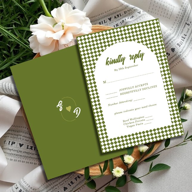 Tarjeta De Confirmación De Asistencia Olive green Retro Minimalist Checker Arch Wedding (Subido por el creador)