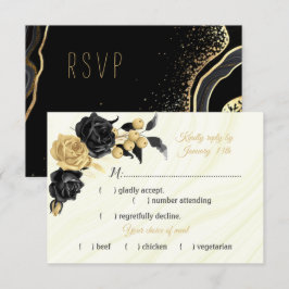 Tarjeta De Confirmación De Asistencia opción de comida con flores de oro y negro
